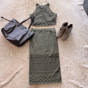 House of Harlow 1960 Olive Green Knit Crop Top & Midi Skirt Set